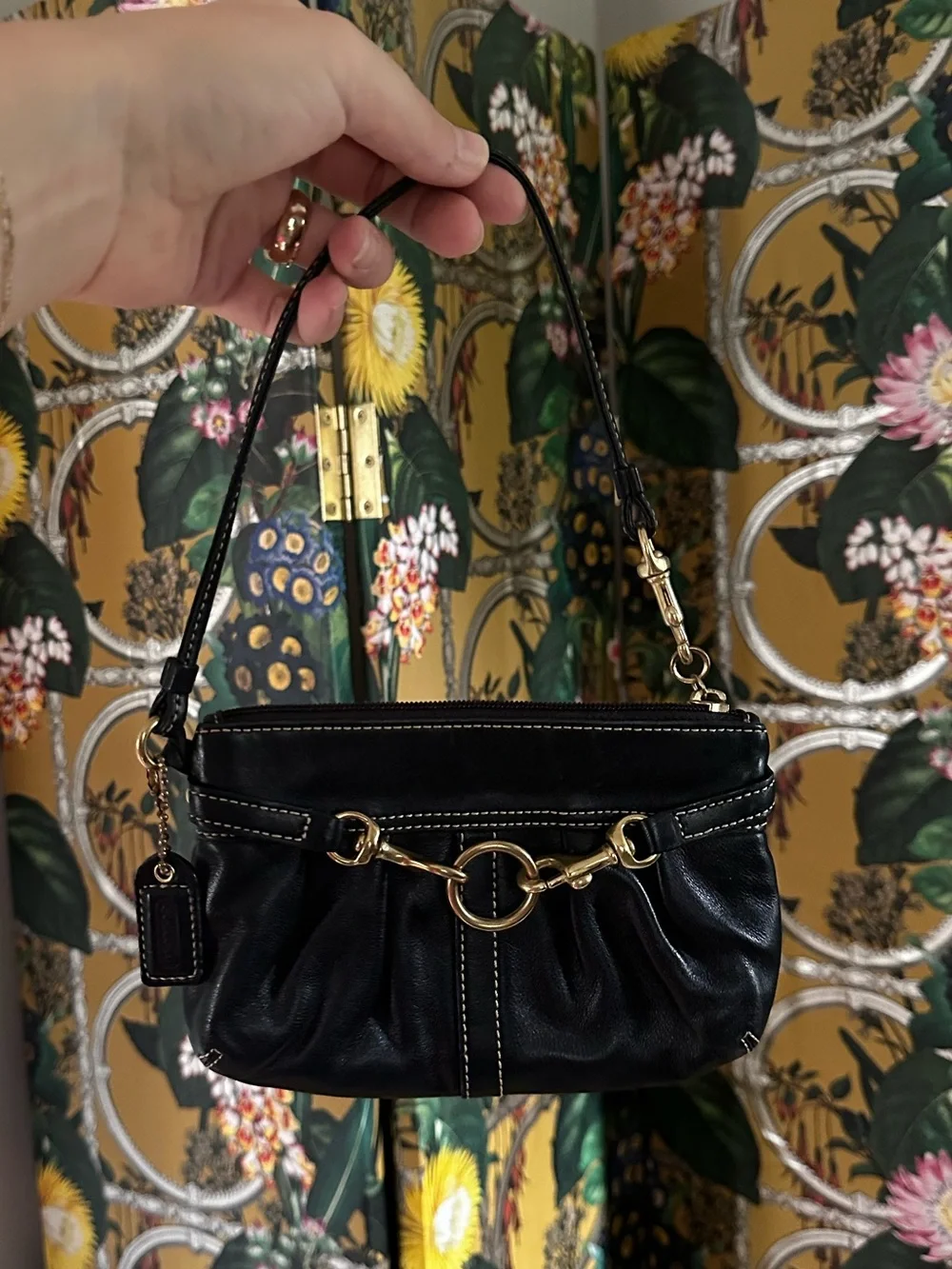 Coach Black Leather Wristlet with Gold Ring Hardware